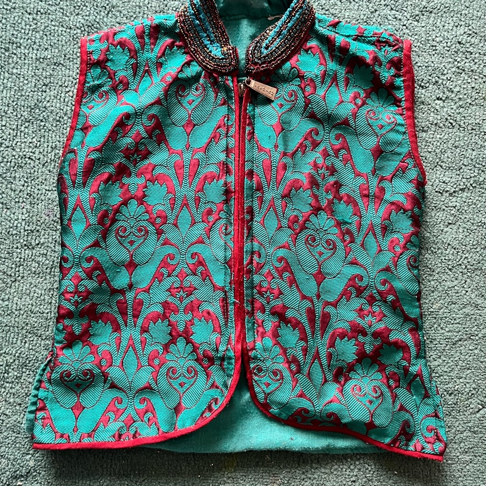 Embroidered Teal and Red Brocade Vest